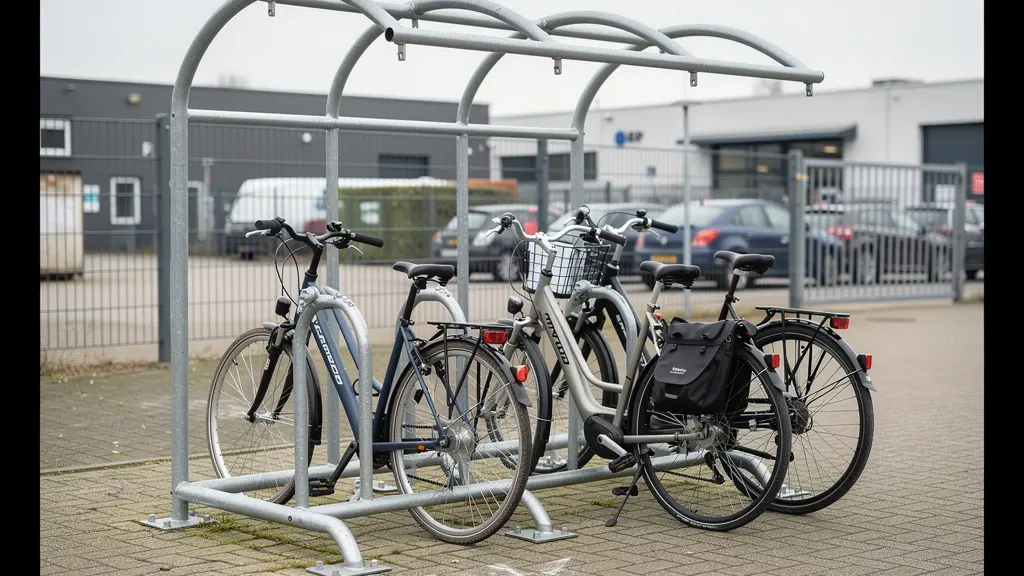Abri vélos sécurisé avec arceaux métalliques en zone d'activité