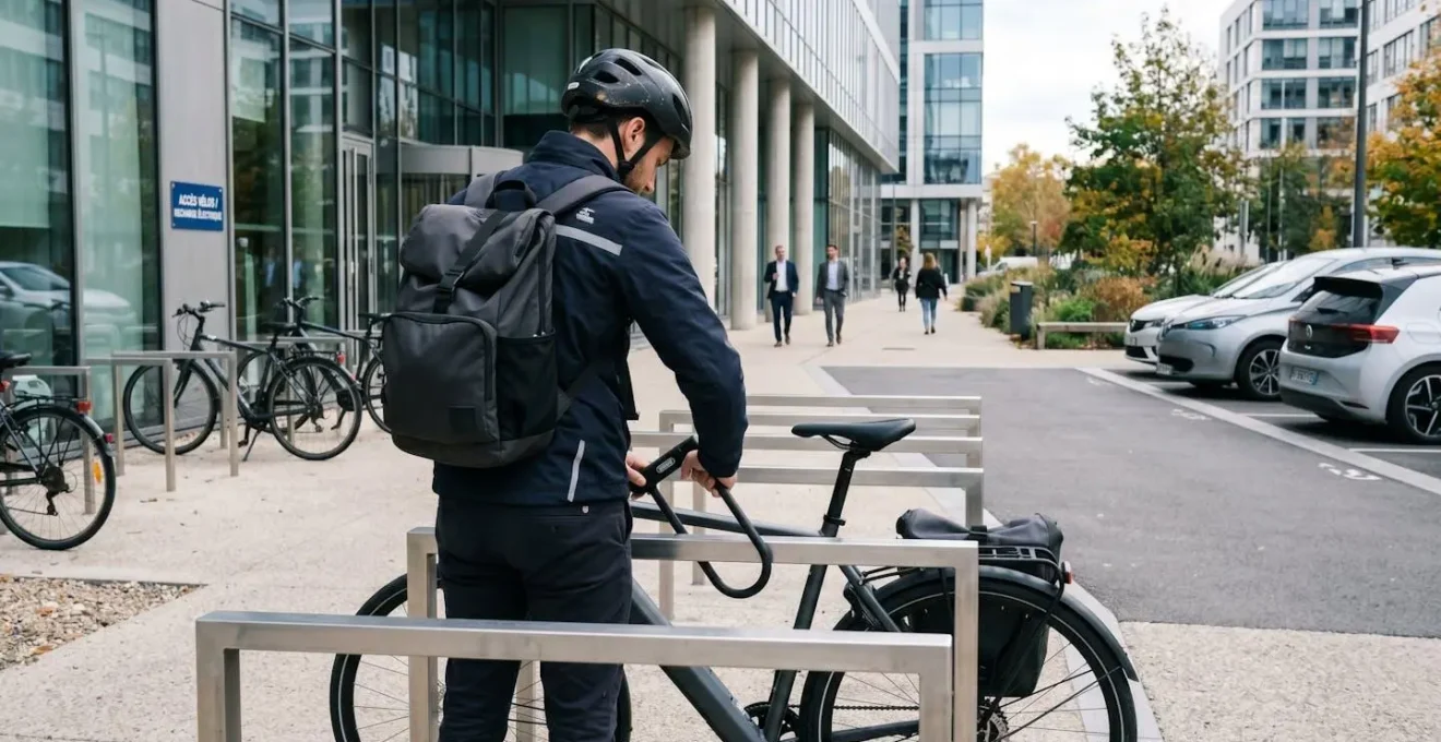 Un cycliste vu de dos attache son vélo à un arceau métallique moderne dans un parking vélo extérieur d'entreprise contemporaine