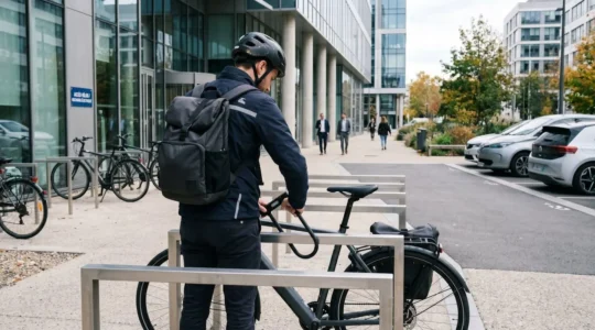 Un cycliste vu de dos attache son vélo à un arceau métallique moderne dans un parking vélo extérieur d'entreprise contemporaine