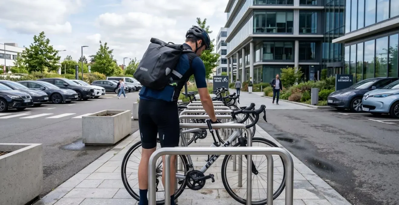Un cycliste vu de dos attache son vélo à un arceau métallique moderne dans un parking vélo extérieur d'entreprise contemporaine