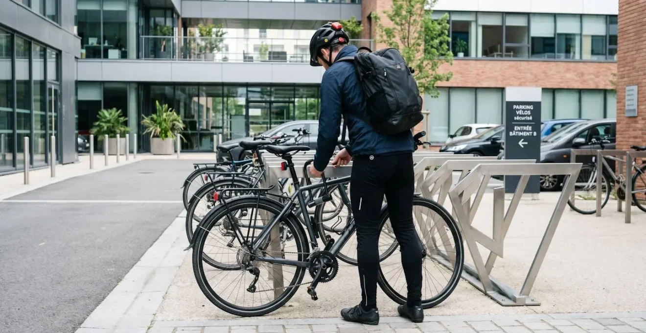 Un cycliste vu de dos attache son vélo à un arceau métallique moderne dans un parking vélo extérieur d'entreprise contemporaine