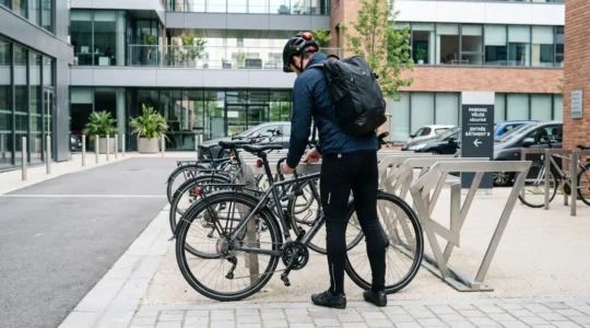 Un cycliste vu de dos attache son vélo à un arceau métallique moderne dans un parking vélo extérieur d'entreprise contemporaine