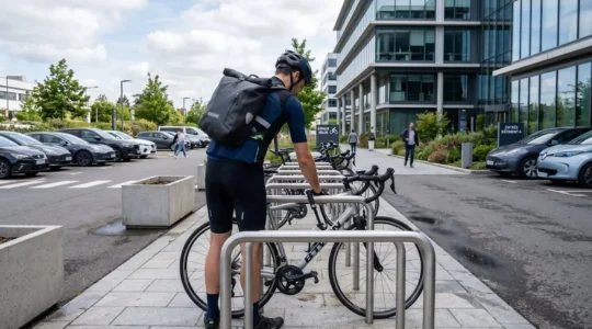 Un cycliste vu de dos attache son vélo à un arceau métallique moderne dans un parking vélo extérieur d'entreprise contemporaine