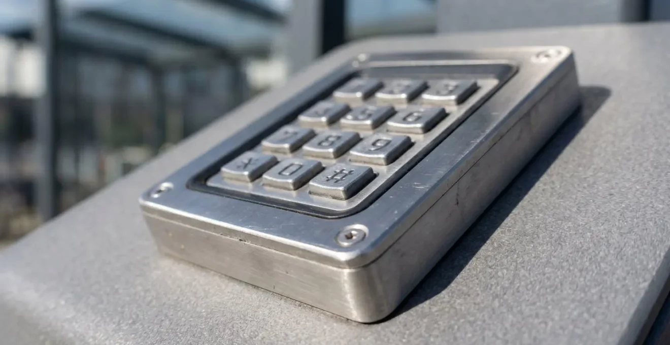 Gros plan sur un digicode moderne installé sur la porte d'un abri vélo sécurisé d'entreprise