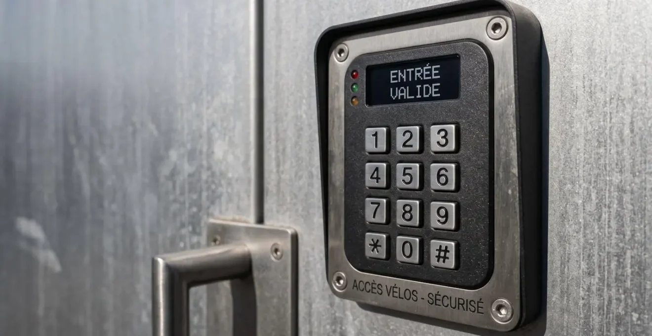 Gros plan sur un digicode moderne installé sur la porte d'un abri vélo sécurisé d'entreprise