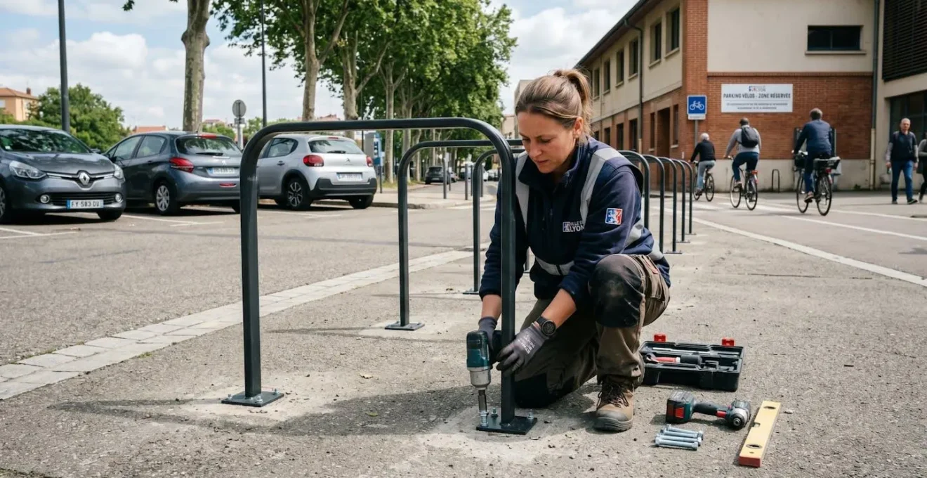 Ouvrier professionnel installant un arceau vélo dans un parking extérieur d'entreprise, en train de visser les fixations au sol