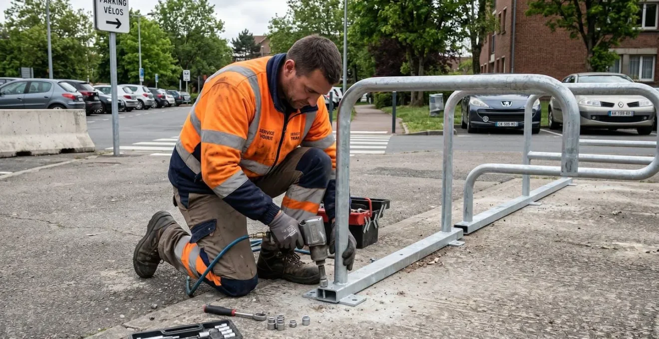 Ouvrier professionnel installant un arceau vélo dans un parking extérieur d'entreprise, en train de visser les fixations au sol