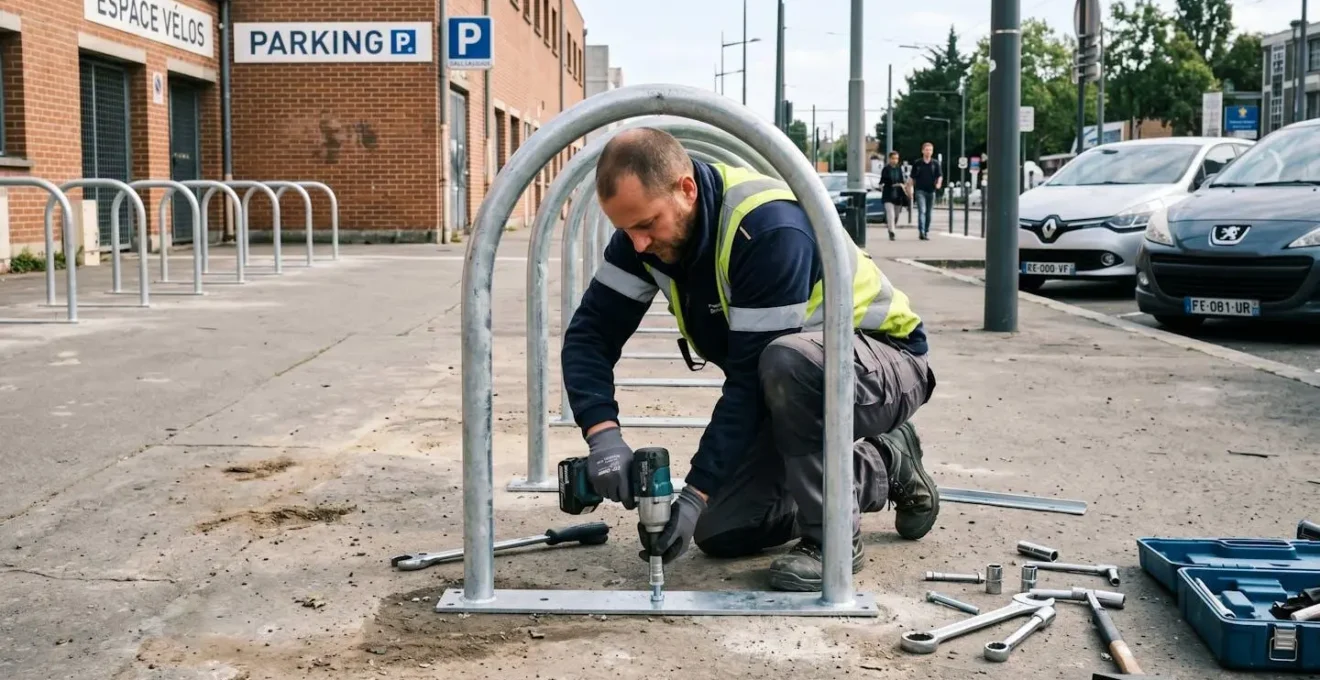Ouvrier professionnel installant un arceau vélo dans un parking extérieur d'entreprise, en train de visser les fixations au sol