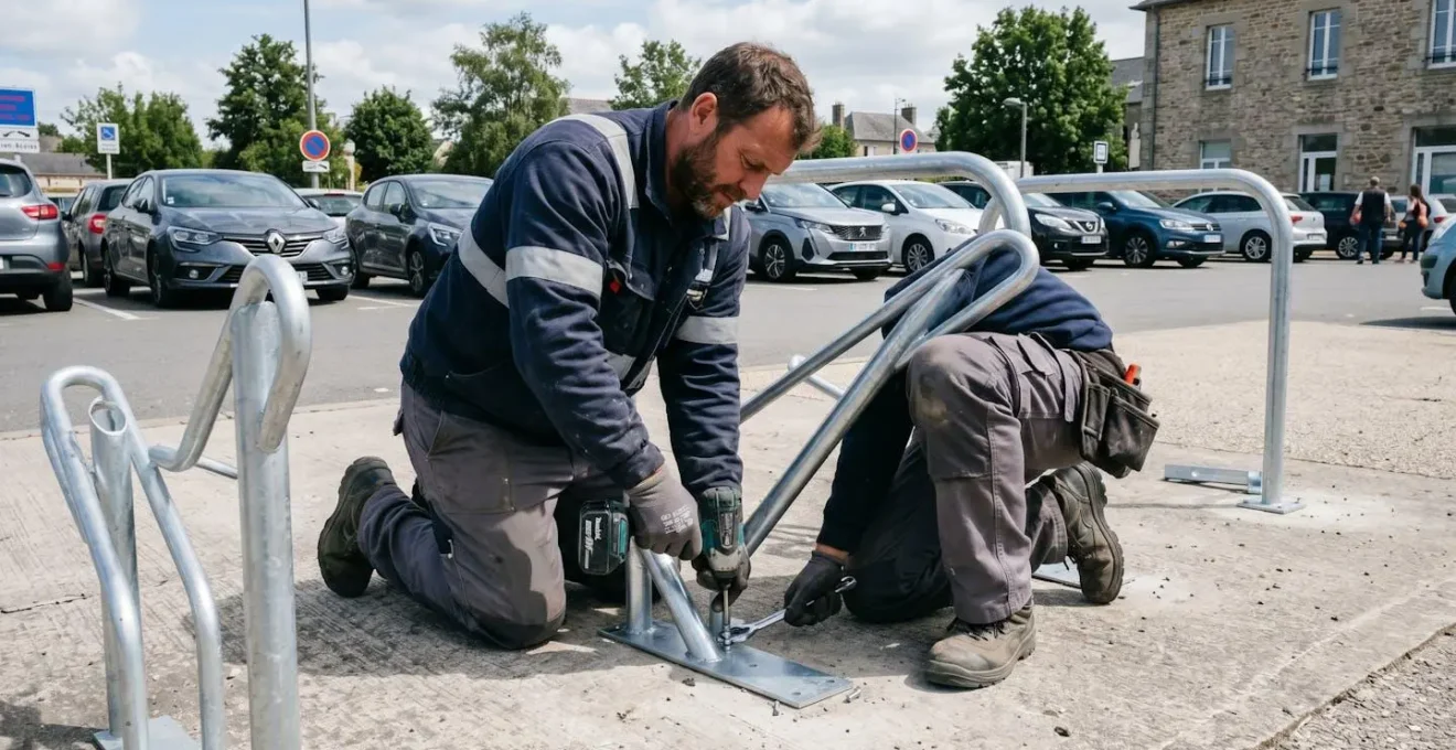 Ouvrier professionnel installant un arceau vélo dans un parking extérieur d'entreprise, en train de visser les fixations au sol