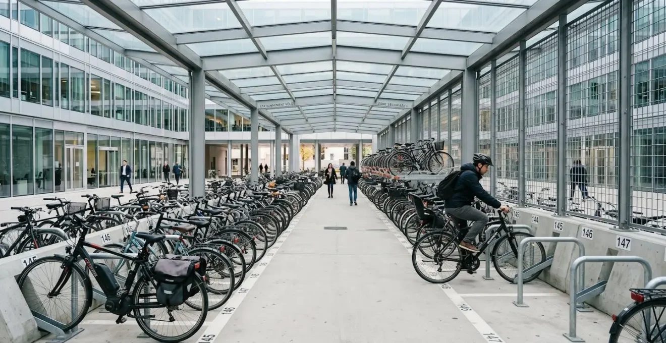 Vue d'ensemble d'un parking vélo couvert et sécurisé dans une entreprise tertiaire moderne conforme à la loi LOM