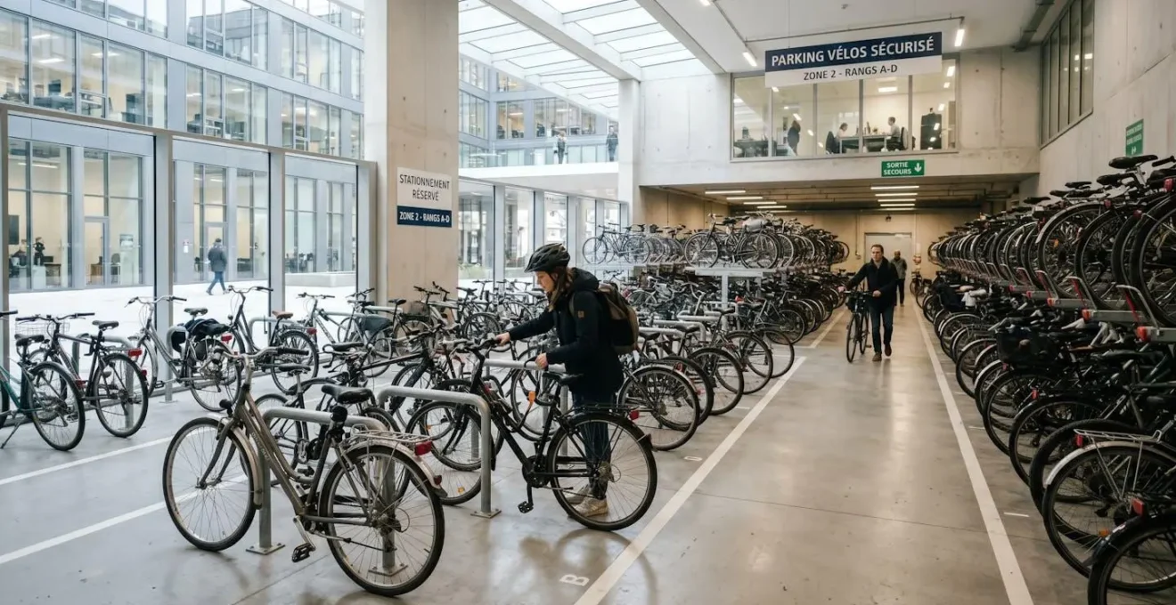 Vue d'ensemble d'un parking vélo couvert et sécurisé dans une entreprise tertiaire moderne conforme à la loi LOM