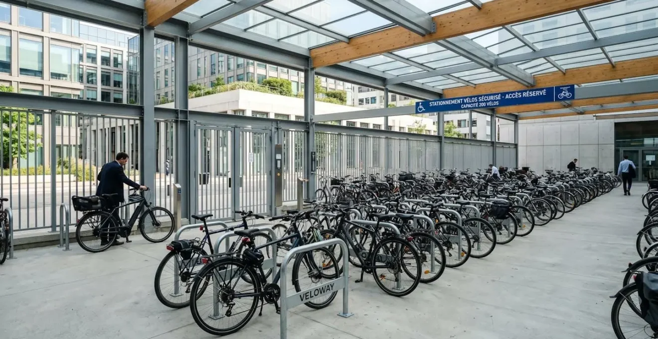 Vue d'ensemble d'un parking vélo couvert et sécurisé dans une entreprise tertiaire moderne conforme à la loi LOM