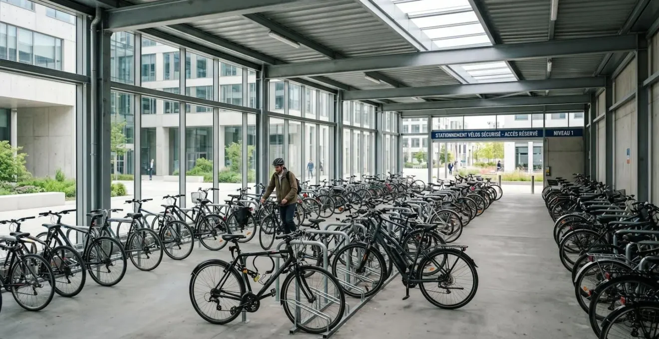 Vue d'ensemble d'un parking vélo couvert et sécurisé dans une entreprise tertiaire moderne conforme à la loi LOM