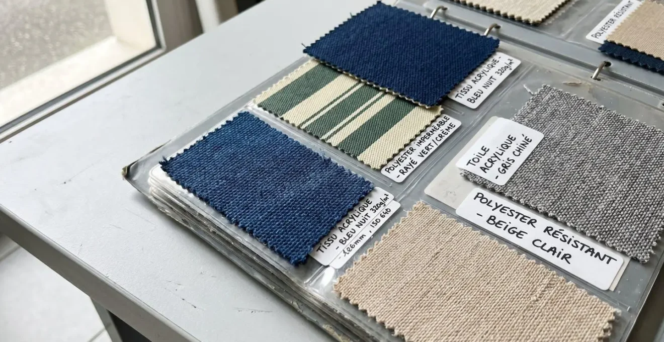 Gros plan sur échantillons de toiles de protection solaire montrant les différences de tissage et de densité des matériaux