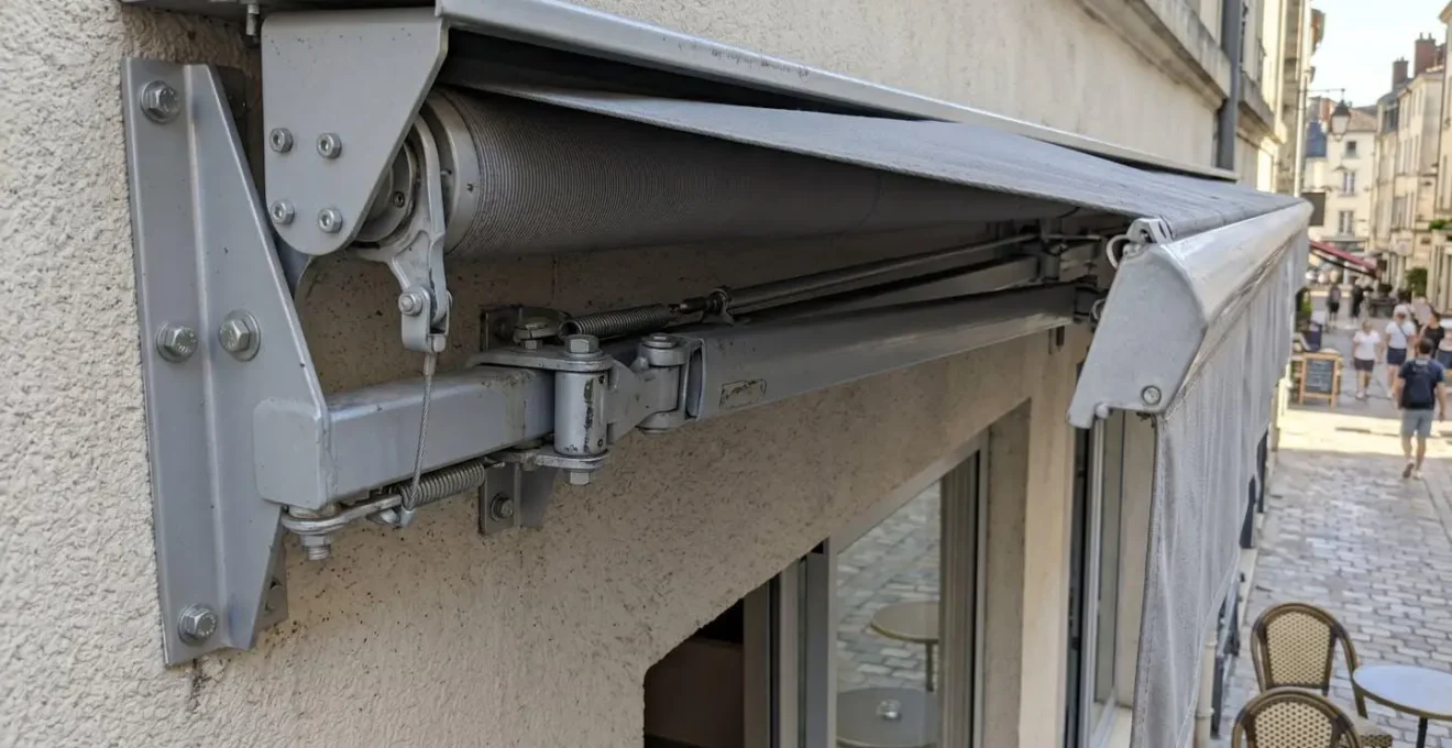 Gros plan sur mécanisme et bras articulés en aluminium d'un store banne montrant la structure de renfort