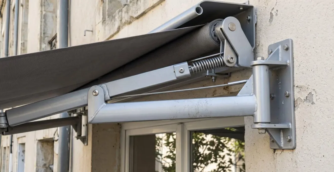 Gros plan sur mécanisme et bras articulés en aluminium d'un store banne montrant la structure de renfort