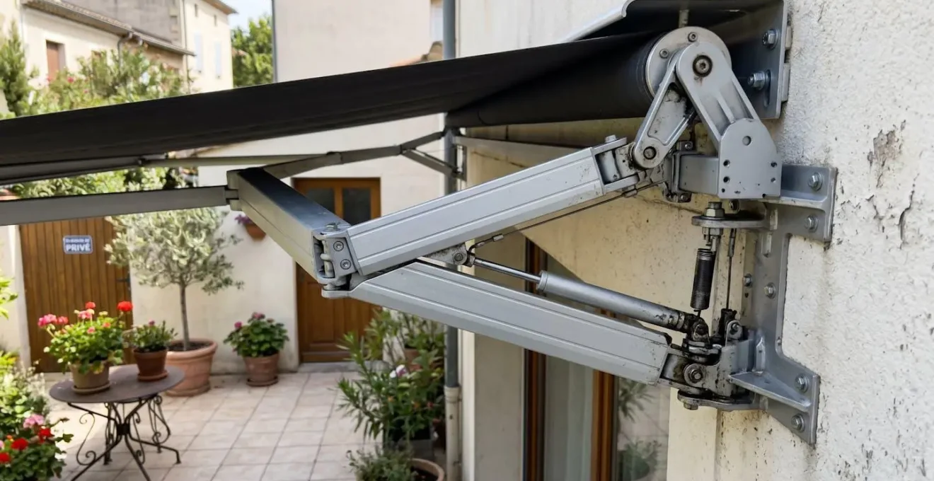 Gros plan sur mécanisme et bras articulés en aluminium d'un store banne montrant la structure de renfort