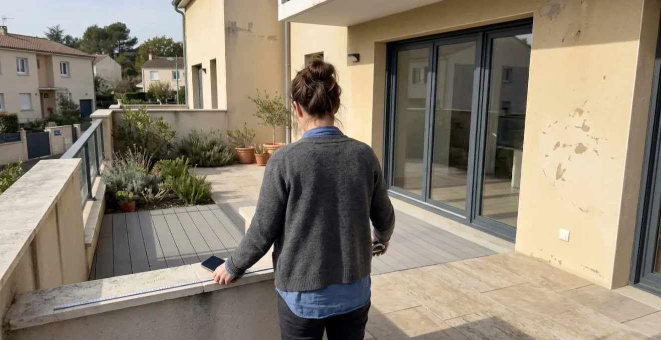 Personne de dos observant l'étendue d'une terrasse avec ombre projetée visible illustrant l'angle du soleil