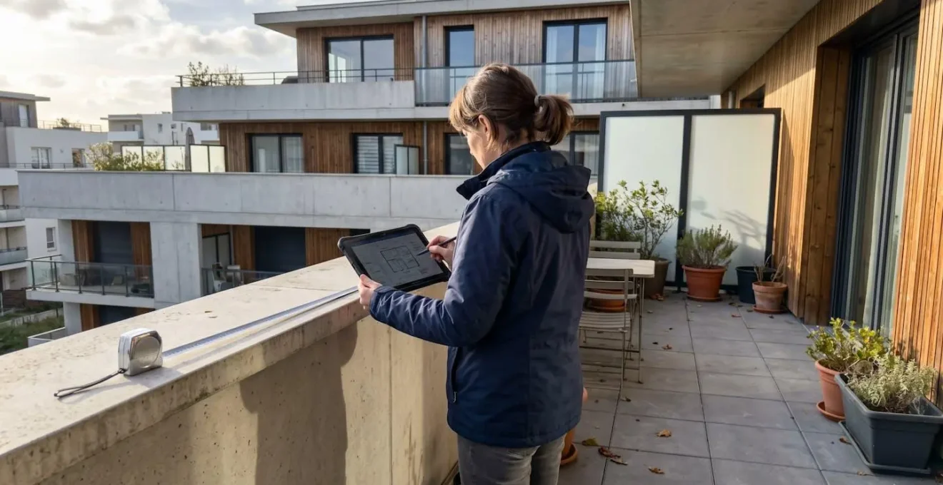 Personne de dos observant l'étendue d'une terrasse avec ombre projetée visible illustrant l'angle du soleil