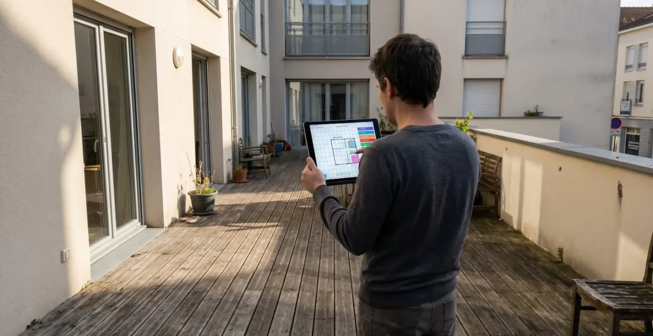 Personne de dos observant l'étendue d'une terrasse avec ombre projetée visible illustrant l'angle du soleil
