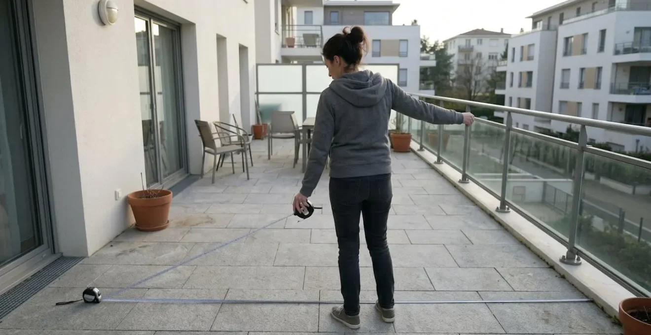 Personne de dos observant l'étendue d'une terrasse avec ombre projetée visible illustrant l'angle du soleil