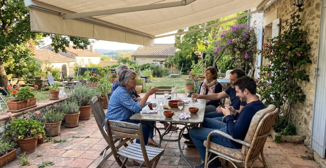 Terrasse aménagée avec protection solaire déployée créant une zone d'ombre confortable sur le mobilier extérieur