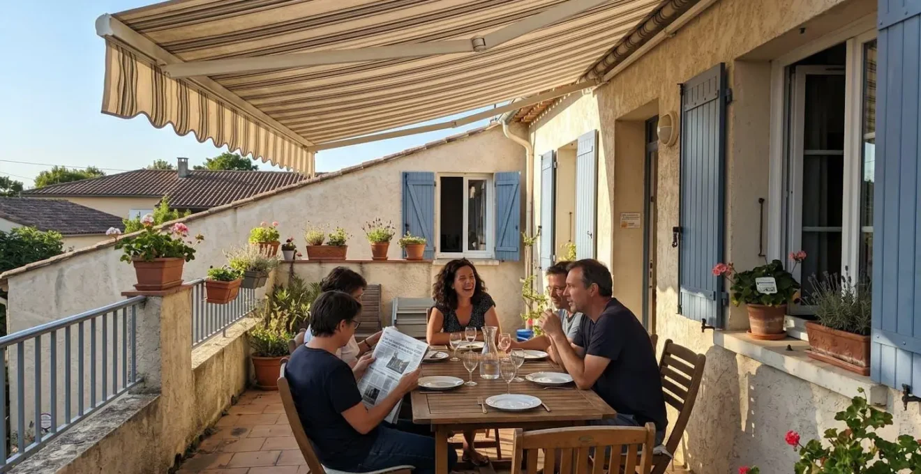 Terrasse aménagée avec protection solaire déployée créant une zone d'ombre confortable sur le mobilier extérieur