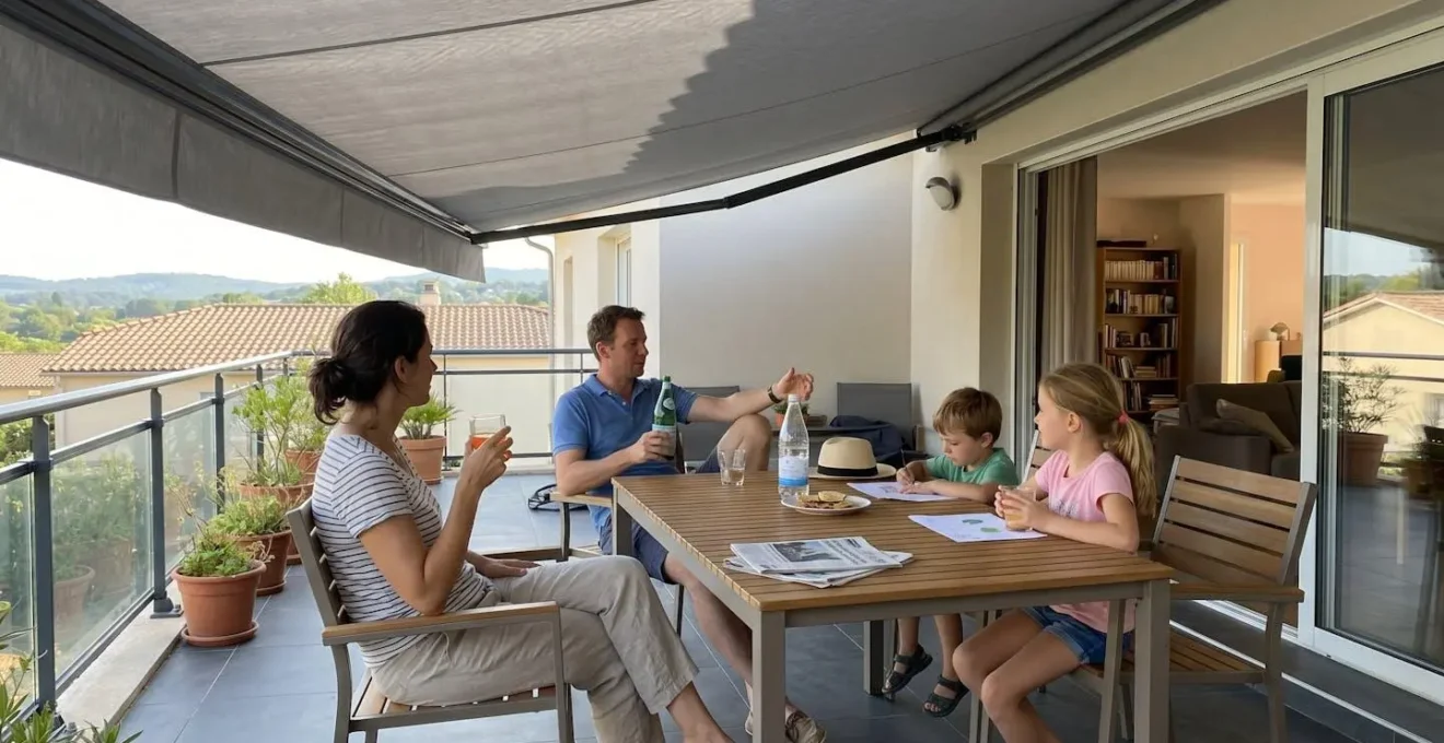 Terrasse aménagée avec protection solaire déployée créant une zone d'ombre confortable sur le mobilier extérieur