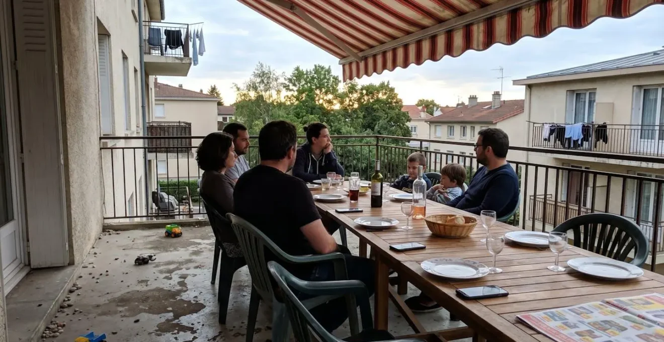 Terrasse aménagée avec protection solaire déployée créant une zone d'ombre confortable sur le mobilier extérieur