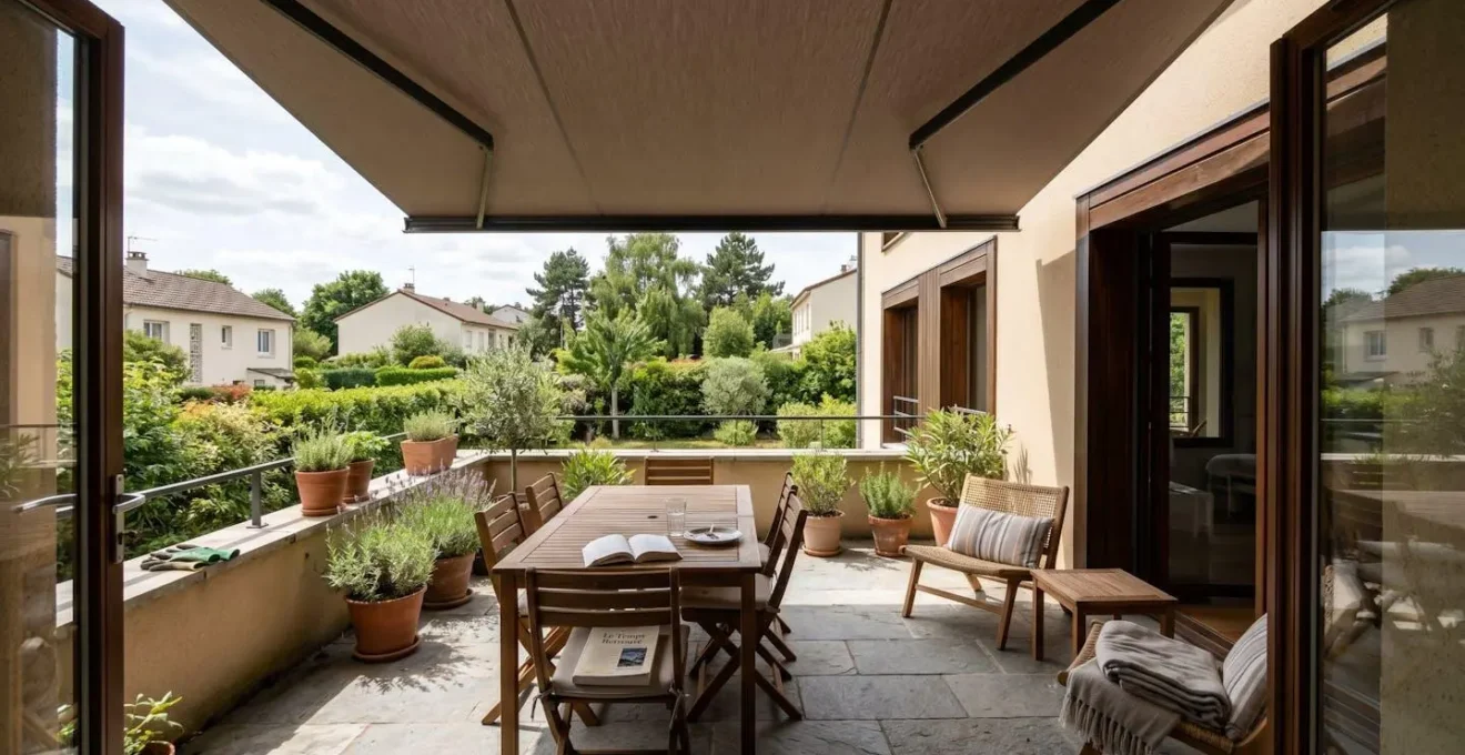 Terrasse aménagée avec protection solaire déployée créant une zone d'ombre confortable sur le mobilier extérieur