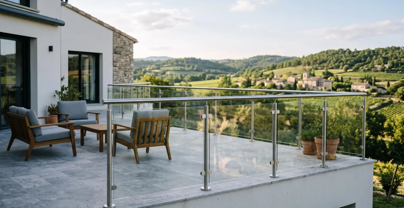 Modern glass guardrail installed on a contemporary French residential terrace with transparent panels