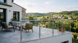 Modern glass guardrail installed on a contemporary French residential terrace with transparent panels