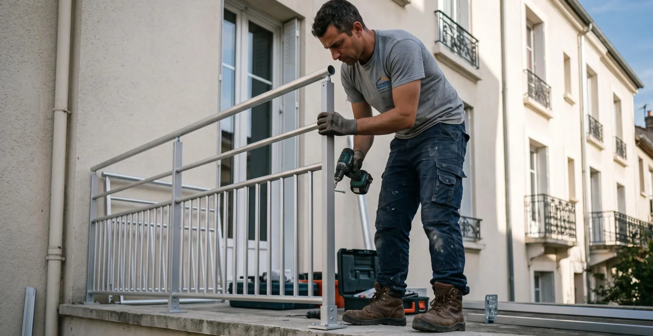 Professional installer mounting an aluminum guardrail system on a French residential balcony using a drill